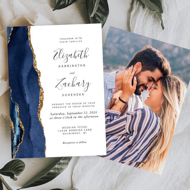 Invitation Mariage Moderne Photo Agate Or Bleu Nuit (Créateur téléchargé)
