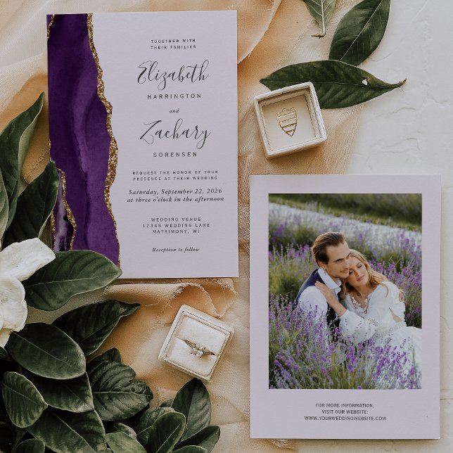 Invitation Mariage Moderne Photo Agate Violet Or Lavande (Créateur téléchargé)