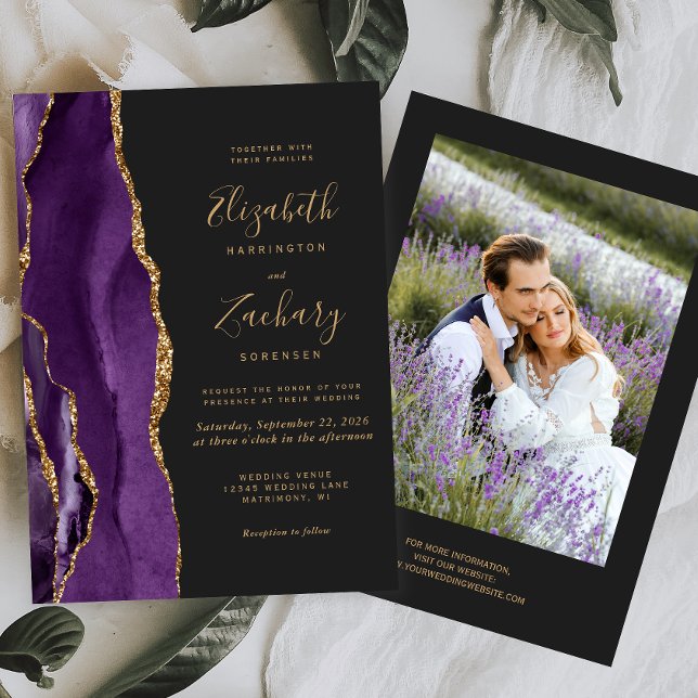 Invitation Mariage Moderne Photo Agate Violet Or Sombre (Créateur téléchargé)