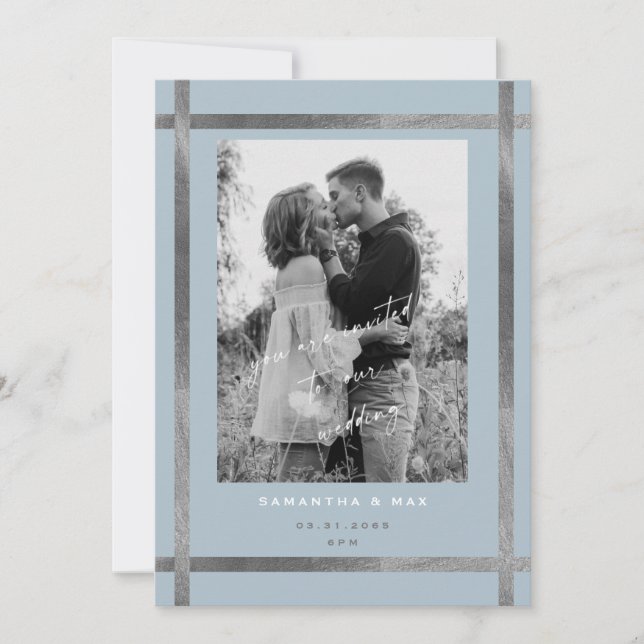 Invitation Mariage Moderne Photo Bleu Glacé & Argent  (Devant)