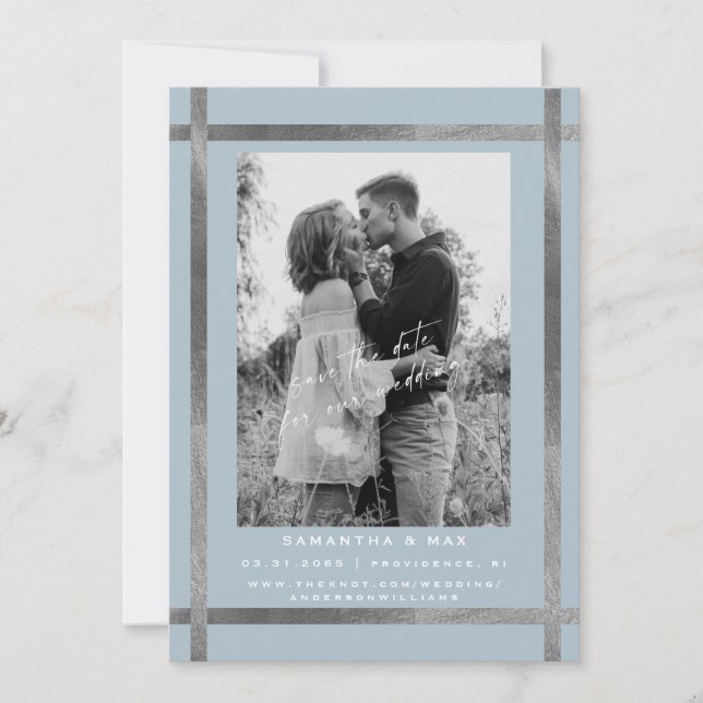 Invitation Mariage Moderne Photo Bleu Glacé & Argent (Devant)