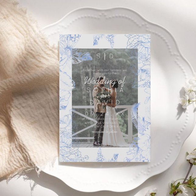 Invitation Mariage Moderne Photo Florale Bleue  (Créateur téléchargé)