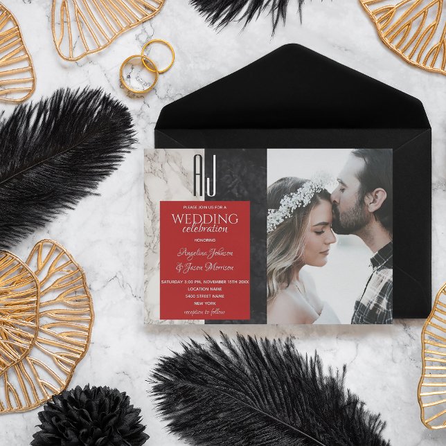 Invitation Mariage Moderne Photo Noir Blanc Rouge (Créateur téléchargé)
