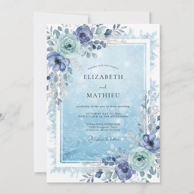 Invitation Mariage Moderne Pivoine Pervenche Bleuet (Devant)