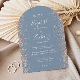 Invitation Mariage Moderne Poussiéreux Bleu Pêche Paillettes