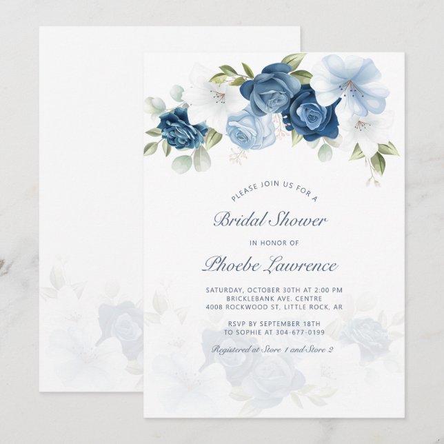 Invitation Mariage Moderne Poussiéreux Fleurs Bleues (Devant / Derrière)