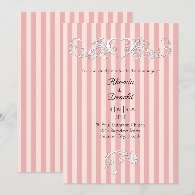 Invitation Mariage moderne rayé rose et blanc (Devant / Derrière)