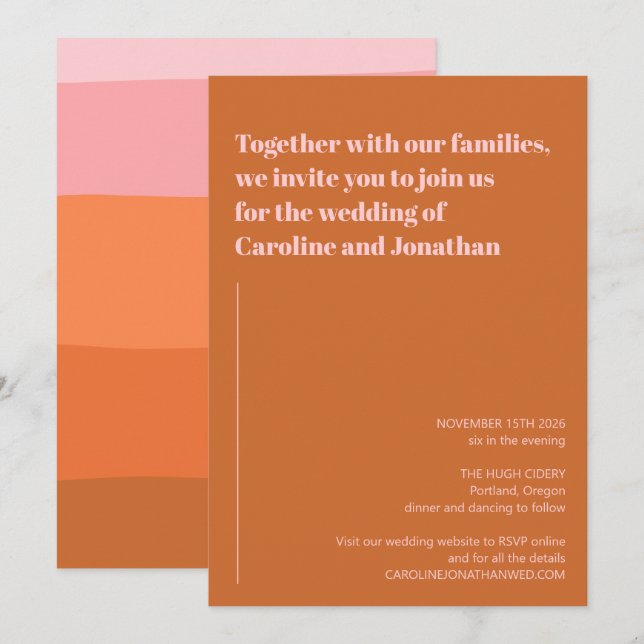 Invitation Mariage Moderne Rayures Art Terracotta Rose Orange (Devant / Derrière)