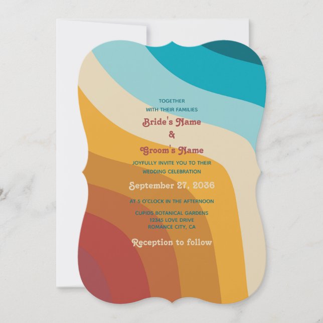 Invitation Mariage moderne Retro 70 coloré Rainbow Waves (Devant)