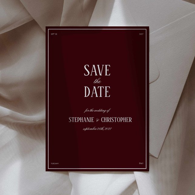 Invitation Mariage Moderne Rétro Bourgogne Enregistrez la dat (burgundy formal save the date wedding invitation, deep red cherry classy wedding annoucement card)