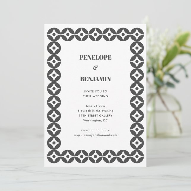 Invitation Mariage Moderne Rétro Géométrique Noir Blanc Gras (Debout devant)