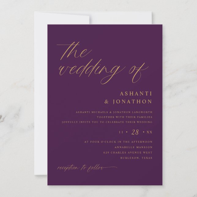 Invitation Mariage Moderne Romantique Abricot Pourpre et Or (Devant)