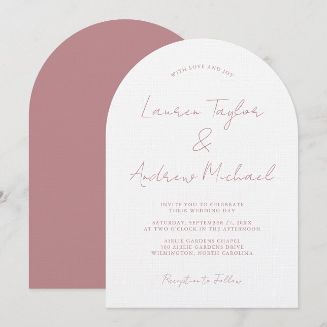 Invitation Mariage Moderne Romantique Arche Rose Poussiéreuse (Devant / Derrière)