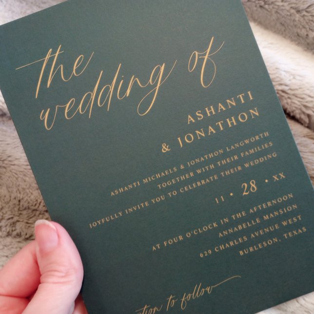 Invitation Mariage Moderne Romantique Émeraude Vert (Emerald Green and Gold Wedding Invitations - Soft Romantic Delicate Script)