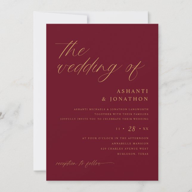 Invitation Mariage Moderne Romantique en Bourgogne et Or (Devant)