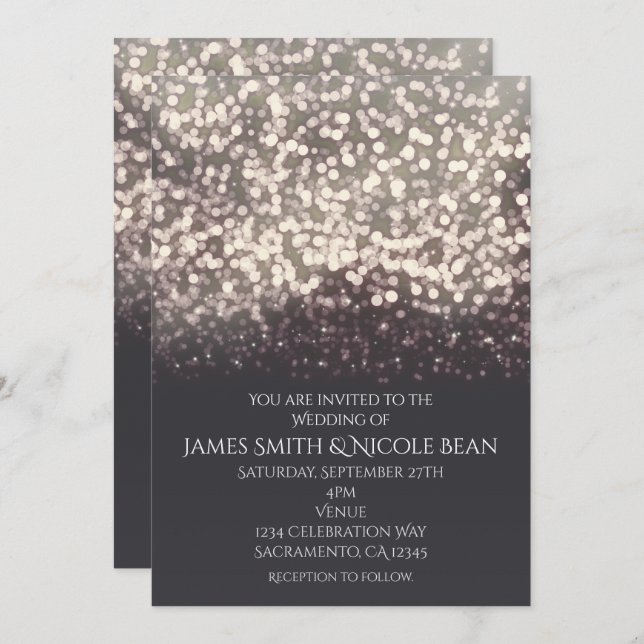 Invitation Mariage Moderne Romantique Gris avec Lumières Étin (Devant / Derrière)