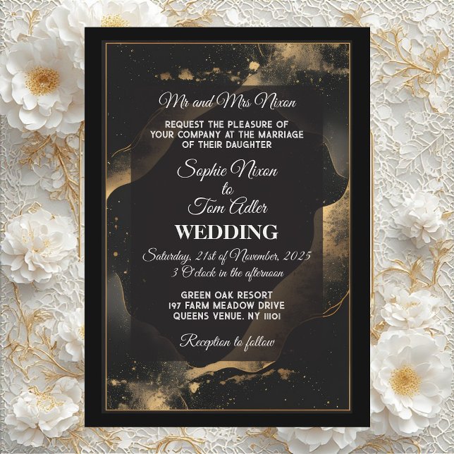 Invitation Mariage Moderne Romantique Minimaliste Paillettes  (Romantic Minimal Black Gold Glitter Modern Wedding Invitation)