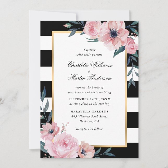 Invitation Mariage moderne rose floral noir rayé (Devant)