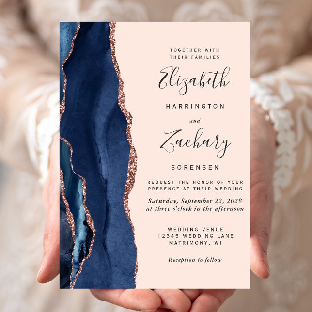 Invitation Mariage Moderne Rose Gold et Bleu Nuit Agate (Créateur téléchargé)