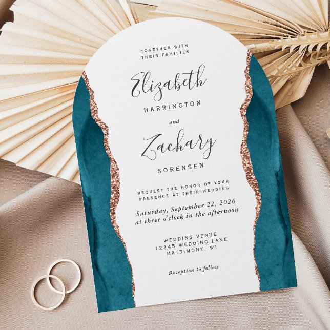 Invitation Mariage Moderne Rose Gold Teal Agate Arc (Créateur téléchargé)