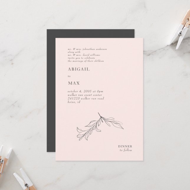 Invitation Mariage Moderne Rose & Gris au feuillage au crayon (Devant/Arrière en situation)