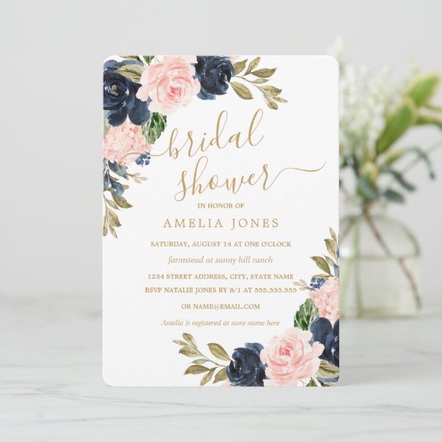 Invitation Mariage Moderne Rose Navy Fleurs Douceur (Debout devant)