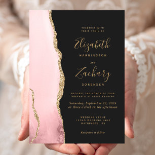 Invitation Mariage Moderne Rose Pâle Agate Dorée Sombre