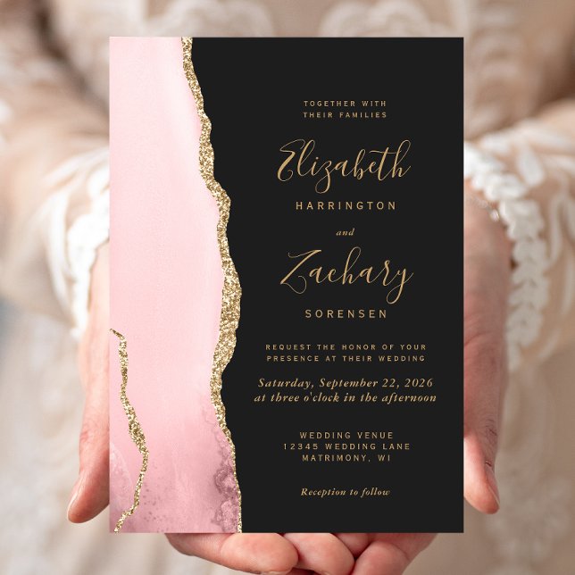 Invitation Mariage Moderne Rose Pâle Agate Dorée Sombre (Créateur téléchargé)