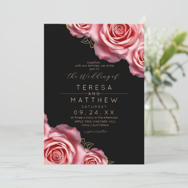 Invitation Mariage Moderne Rose Pâle et Noir (Debout devant)