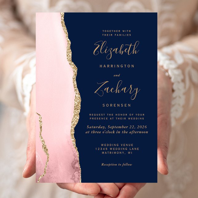 Invitation Mariage Moderne Rose Pâle Or Agate Bleu Nuit (Créateur téléchargé)