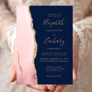 Invitation Mariage Moderne Rose Pâle Or Agate Bleu Nuit