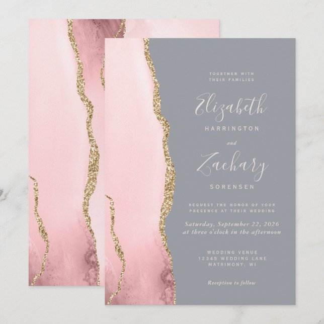 Invitation Mariage Moderne Rose Pâle Or Agate Gris (Devant / Derrière)