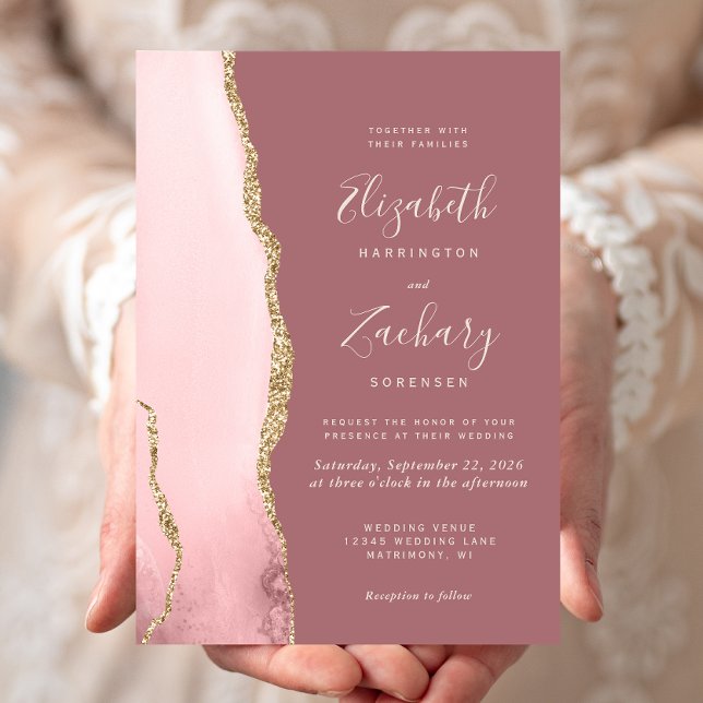 Invitation Mariage Moderne Rose Pâle Or Agate Rose Poussiéreu (Créateur téléchargé)