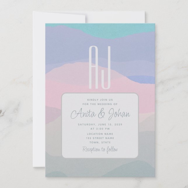 Invitation Mariage Moderne Rose Pastel et Bleu Poussiéreux  (Devant)