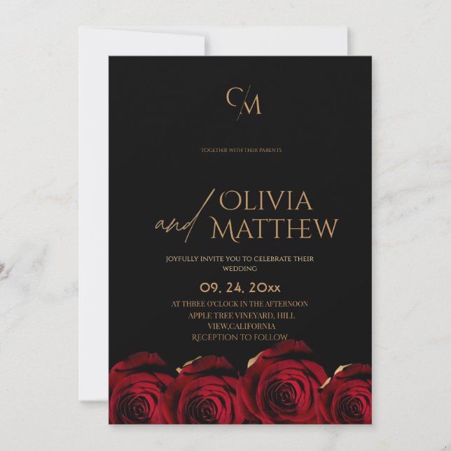 Invitation Mariage Moderne Rose Rouge Noir Or (Devant)