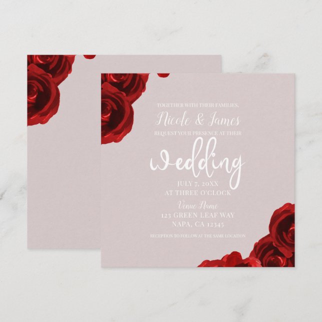 Invitation Mariage Moderne Roses Aquarelle Rouge Blush Taupe (Devant / Derrière)