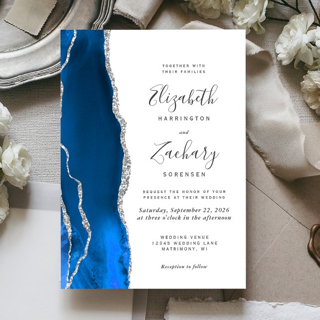Invitation Mariage Moderne Royal Bleu Agate Argent (Créateur téléchargé)