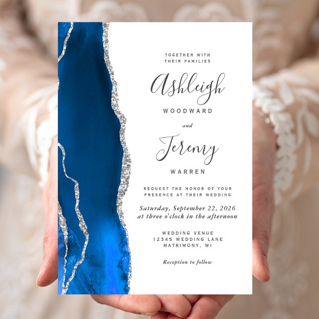 Invitation Mariage Moderne Royal Bleu Agate Argent (Créateur téléchargé)