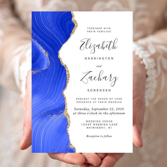 Invitation Mariage Moderne Royal Bleu Agate Or (Créateur téléchargé)