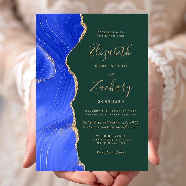 Invitation Mariage Moderne Royal Bleu Or Agate Émeraude Vert (Créateur téléchargé)