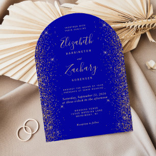 Invitation Mariage Moderne Royal Bleu Or Faux Paillettes Arch
