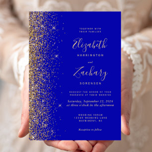 Invitation Mariage Moderne Royal Bleu Or Faux Paillettes Bord