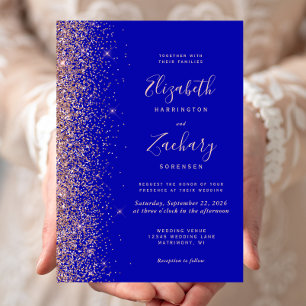 Invitation Mariage Moderne Royal Bleu Rose Or Paillettes Bord