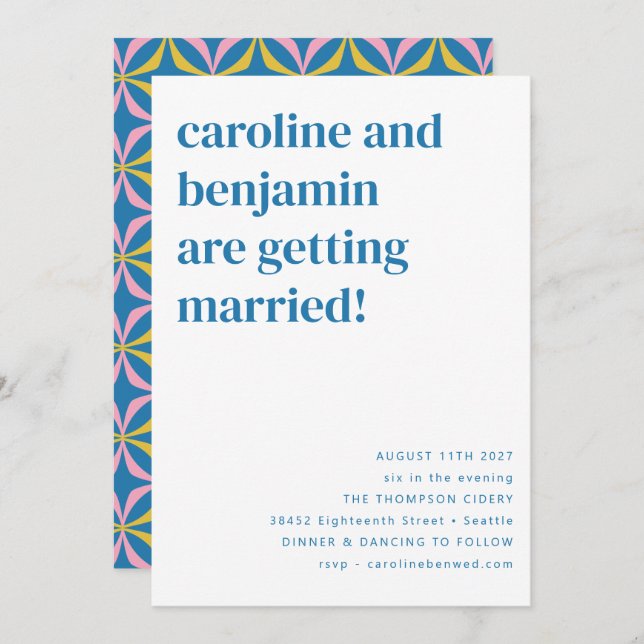 Invitation Mariage moderne RSVP couleur bleu rétro (Devant / Derrière)