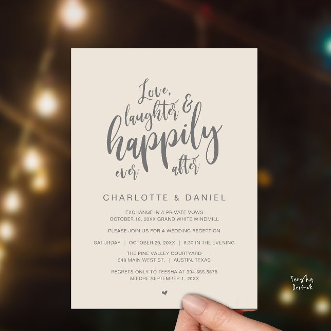 Invitation Mariage Moderne Rustique Script Pour Toujours Heur (Modern Rustic Script Love Laughter and Happily Ever After Wedding Invitation Card in Cream Grey)