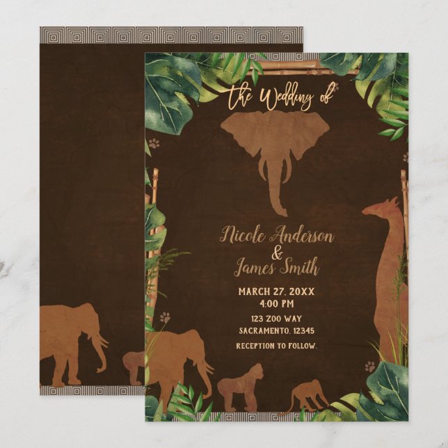 Invitation Mariage Moderne Safari Jungle Zoo Animaux Brun (Devant / Derrière)