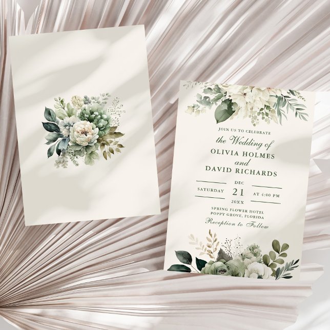 Invitation Mariage moderne Sage vert et fleurs d'ivoire (Modern Sage Green and Ivory Flowers Wedding Invitation on a sunny white dry palm leaf.)