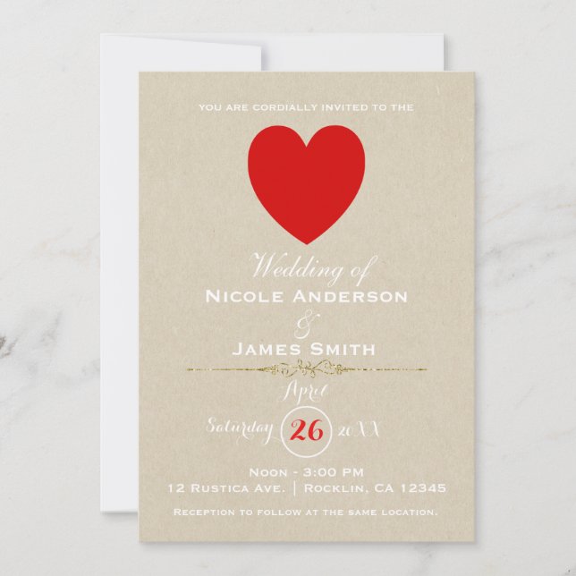 Invitation Mariage Moderne Saint-Valentin Kraft Brun Cœur Rou (Devant)