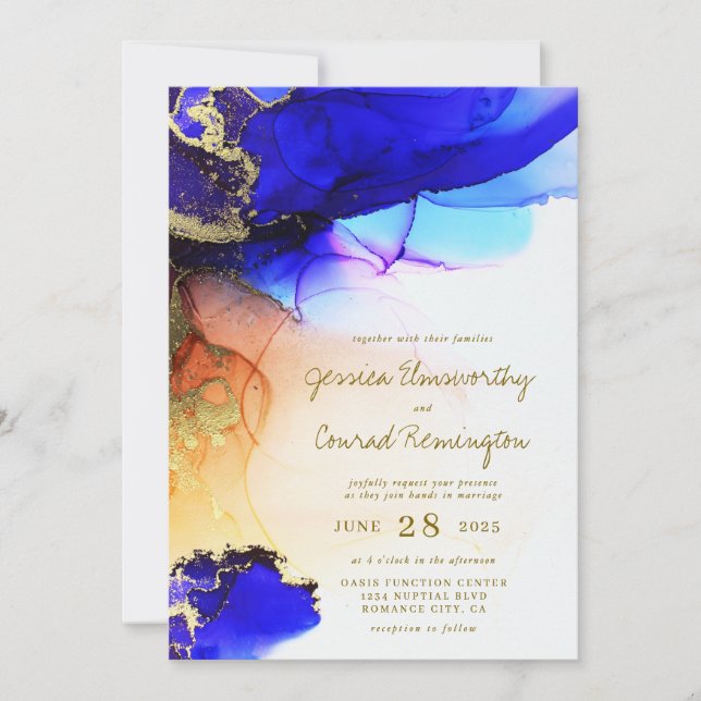 Invitation Mariage moderne Sapphire Blue Gold Orange (Devant)