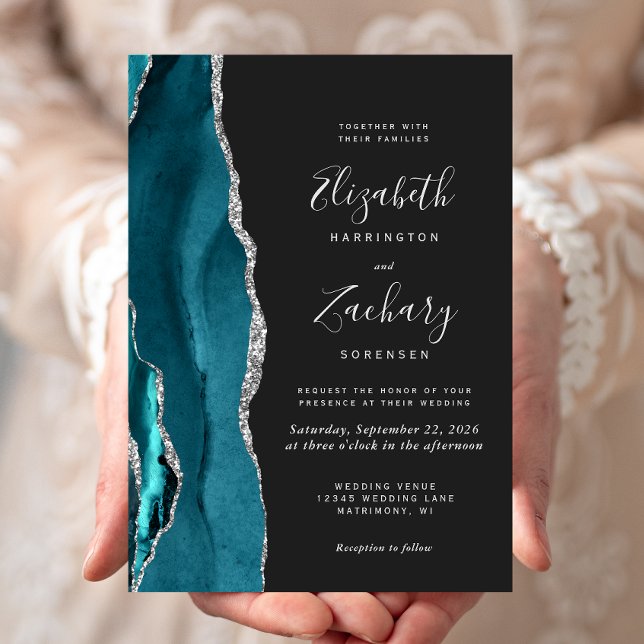 Invitation Mariage Moderne Sarcelle Argent Agate Foncé (Créateur téléchargé)